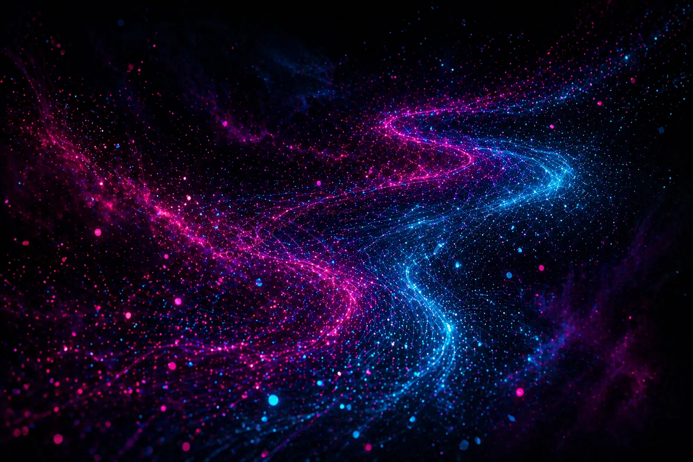 Magenta and blue streams of light crossing a dark field